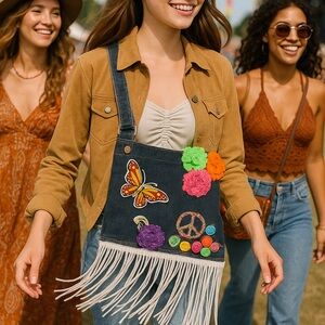 Denim Custom Festival  Crossbody Junk Bag with Fringe and Butterfly Patch